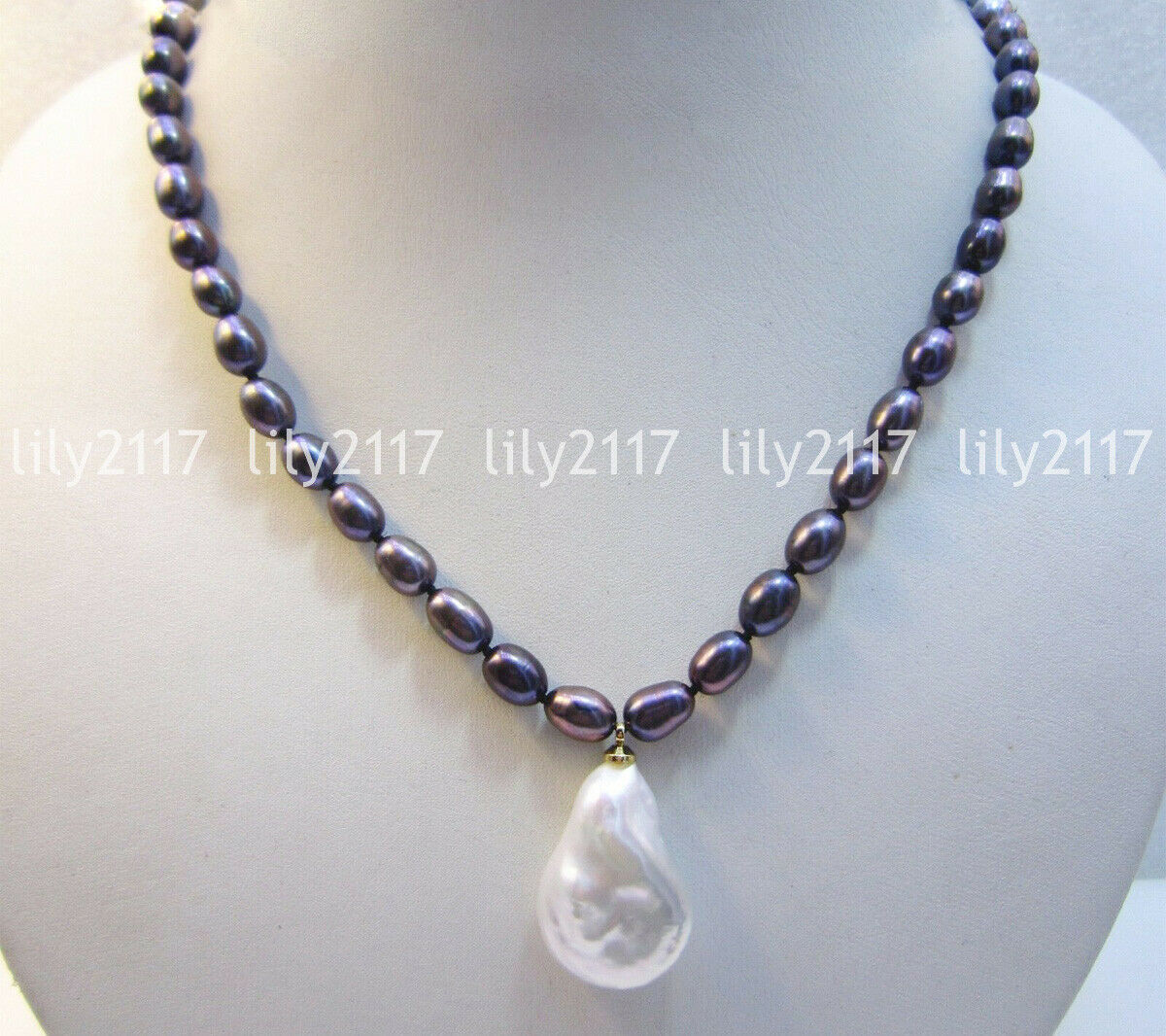 Real Natural 6-7mm South Sea Black Rice Pearl Baroque Pendant Necklace 14k Clasp