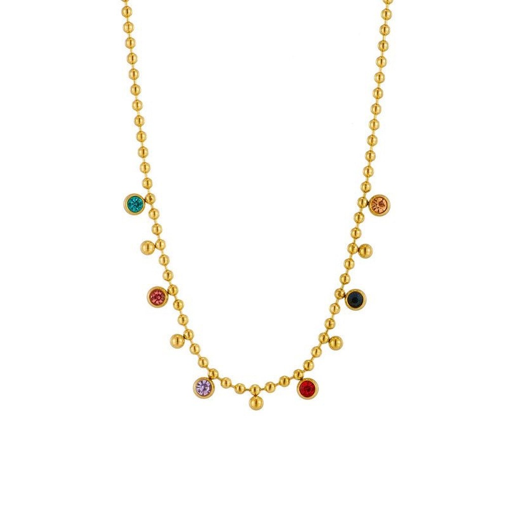 Chain Necklace Stainless Steel Gold Flat Round Pave Cubic Zirconia 15.35 in N102