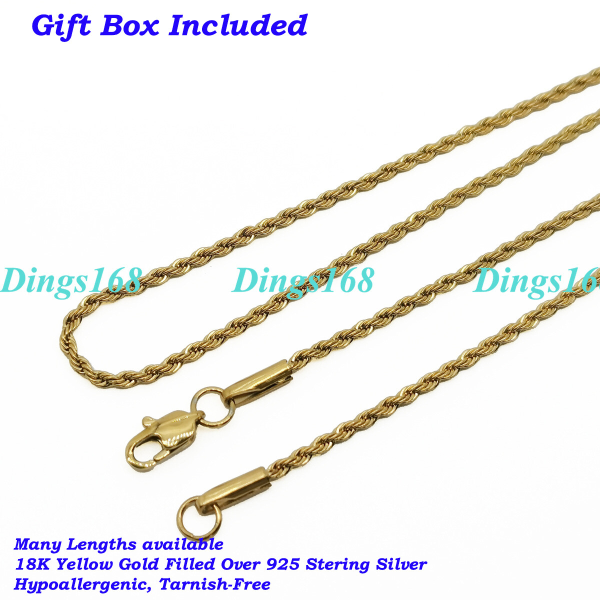 18K Yellow Gold over Sterling Silver Hypoallergenic 28″ 4mm Rope Chain Necklace