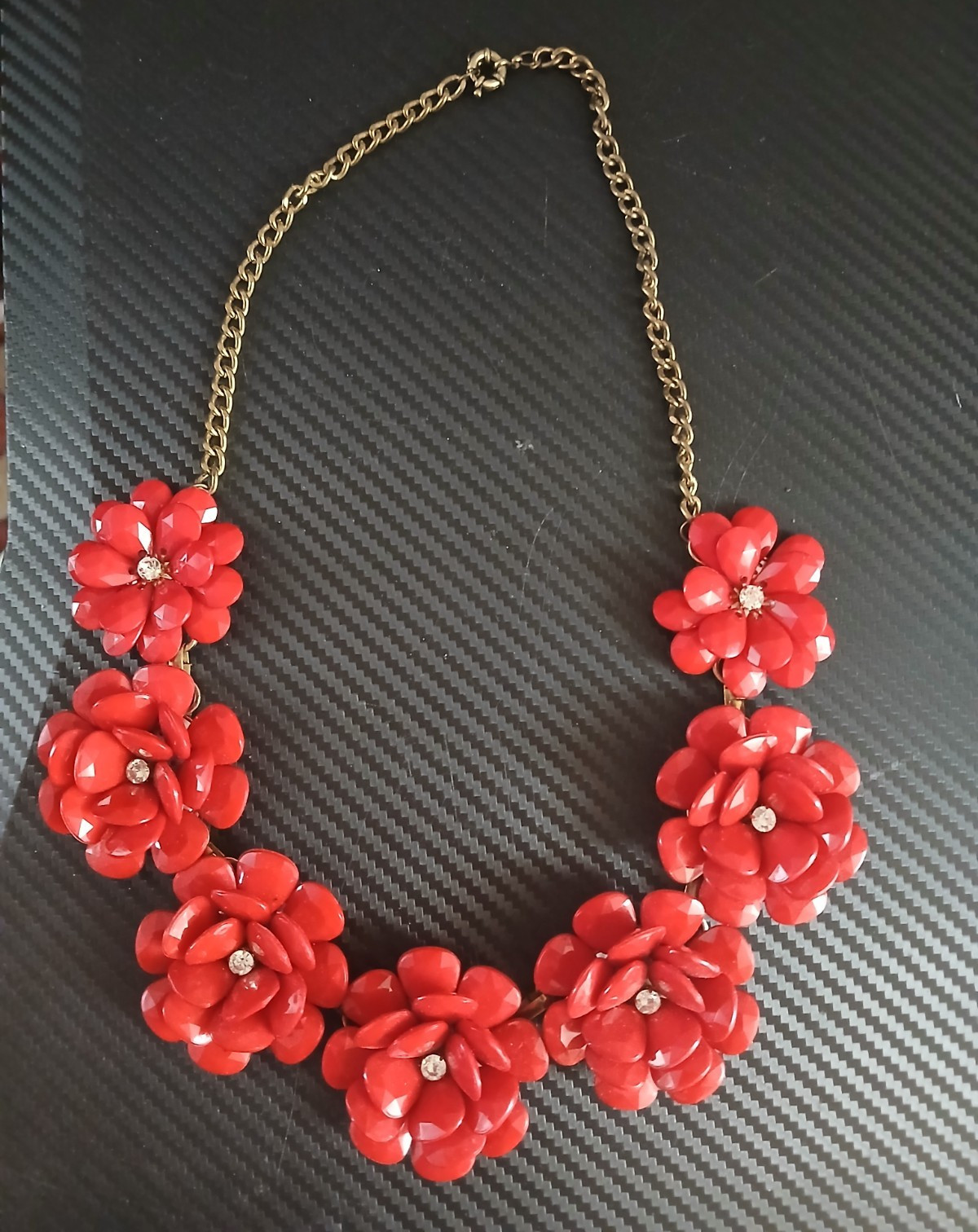 Red Resin Floral Statement Bib Necklace Cable Chain Adjustable 15in Lobster