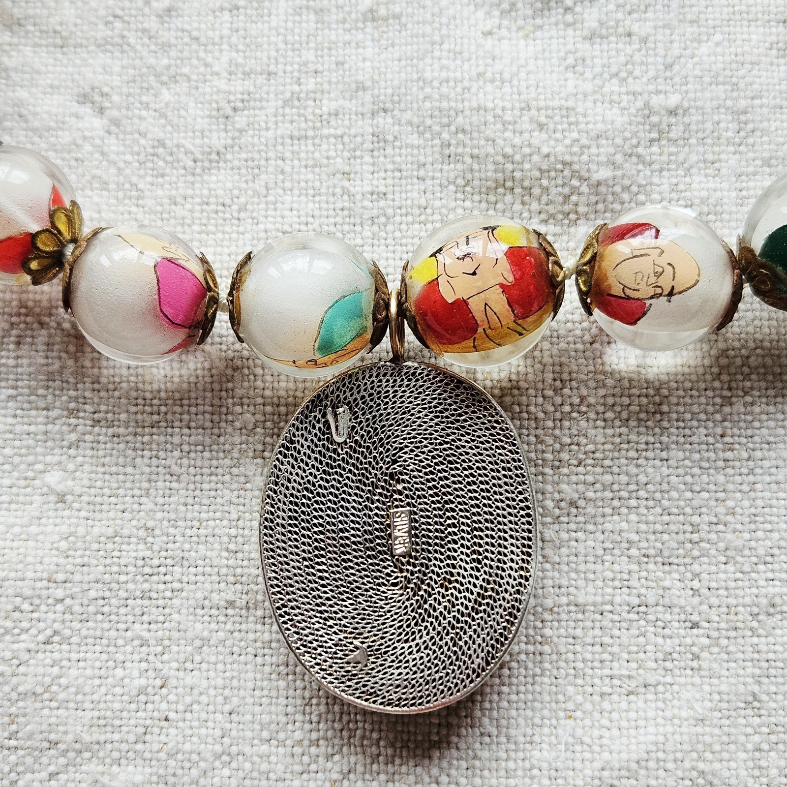 Chinese Prayer Buddha Glass Reverse Painted Beaded Cinnabar Pendant Necklace