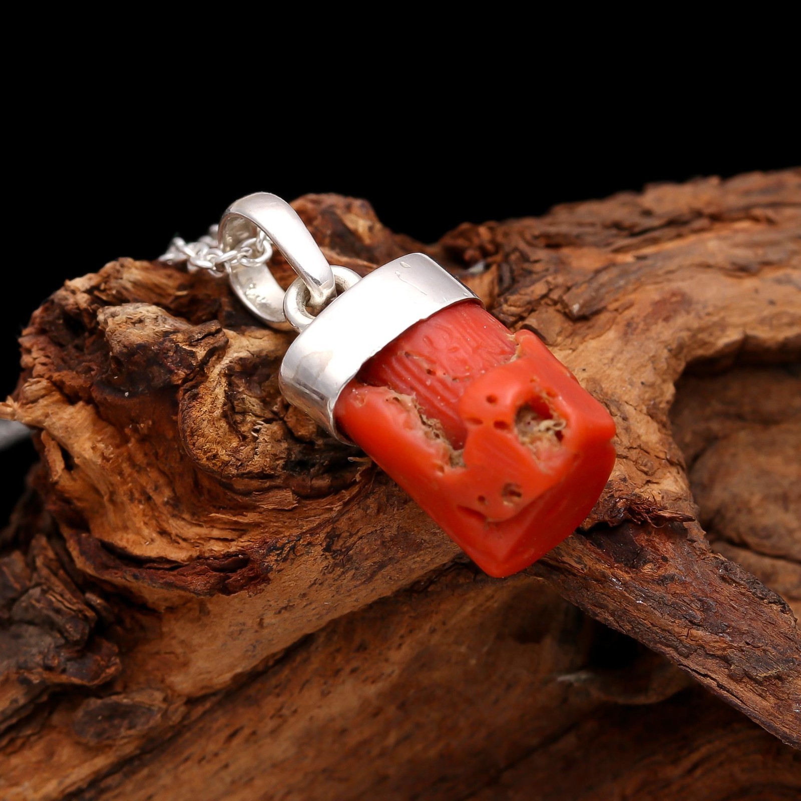 100% Natural Italian Red Coral Rough Chain Necklace 925 Sterling Silver Jewelry