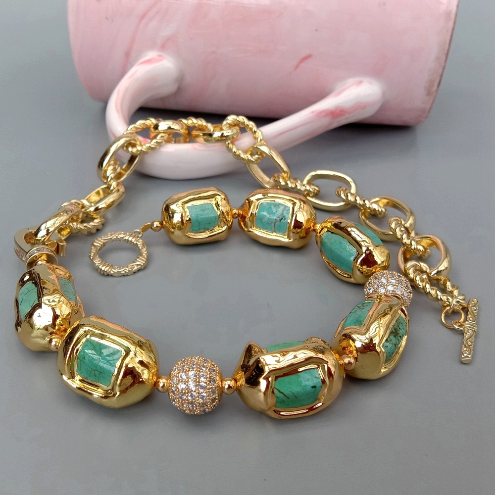 Turquoise Electroplated Edge Cz Pave Beads Gold Plated Chain Choker Necklace