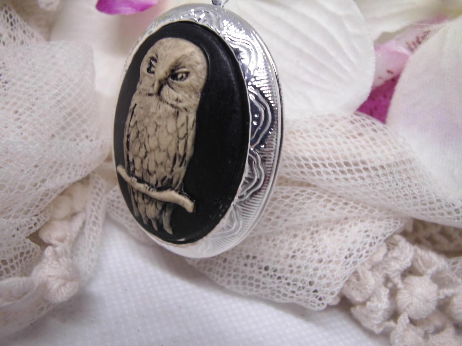 Barn Tree Owl Locket cameo Necklace Photo Memory Keepsake box Pendant pill box