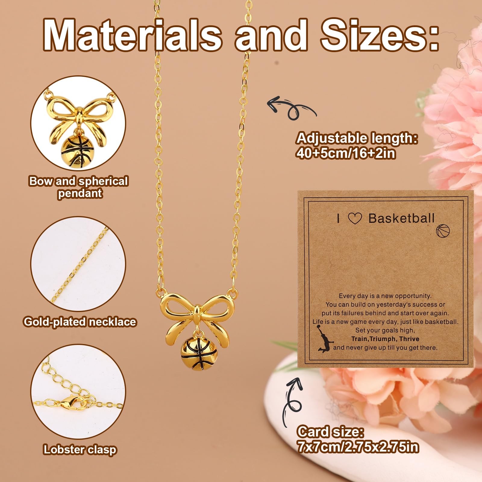 Mikovivi Basketball Necklaces, 40+5cm/16+2in Adjustable Bow Medium, gold-tone
