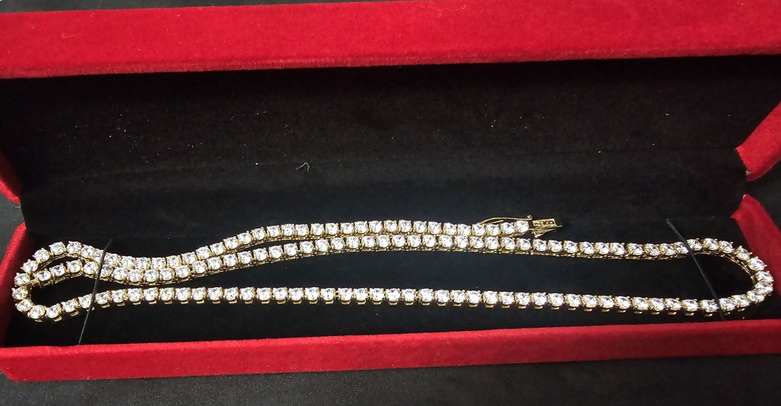 24in.4mm gold stainless Steel Tennis Chain Necklace w/prong set CZs wBox lock