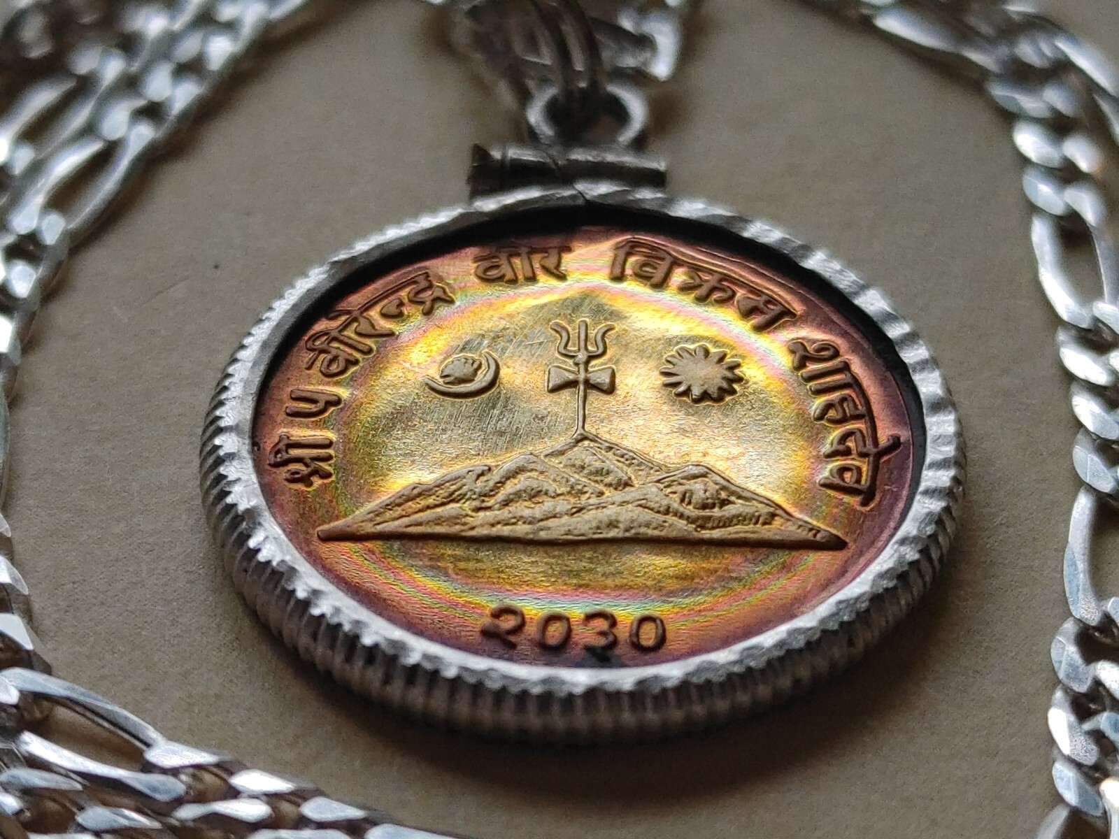Sunrise & Sickle Moon Himalayan Mountain Nepal coin pendant & Italian 925 chain