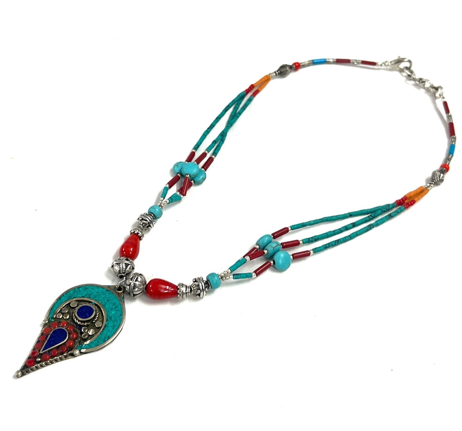 Antique Turquoise Coral Gemstone Tibetan Boho Necklace Jewelry, 17 inch Adjus
