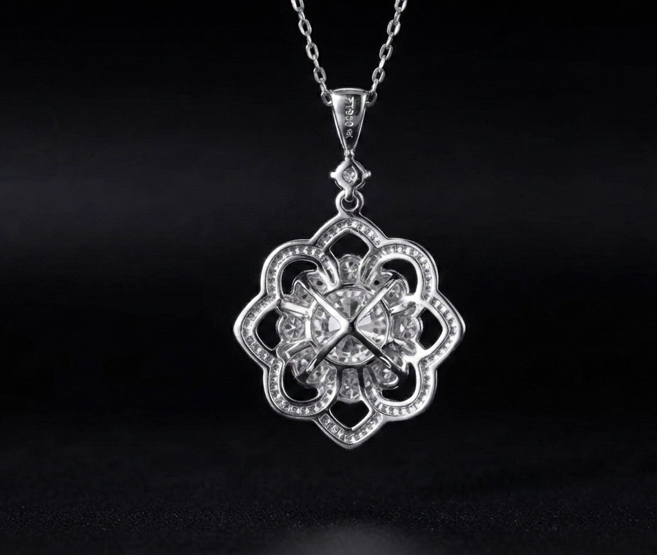 Moissanite Floral Pendant Necklace, Sterling Silver Flower Cluster Charm,