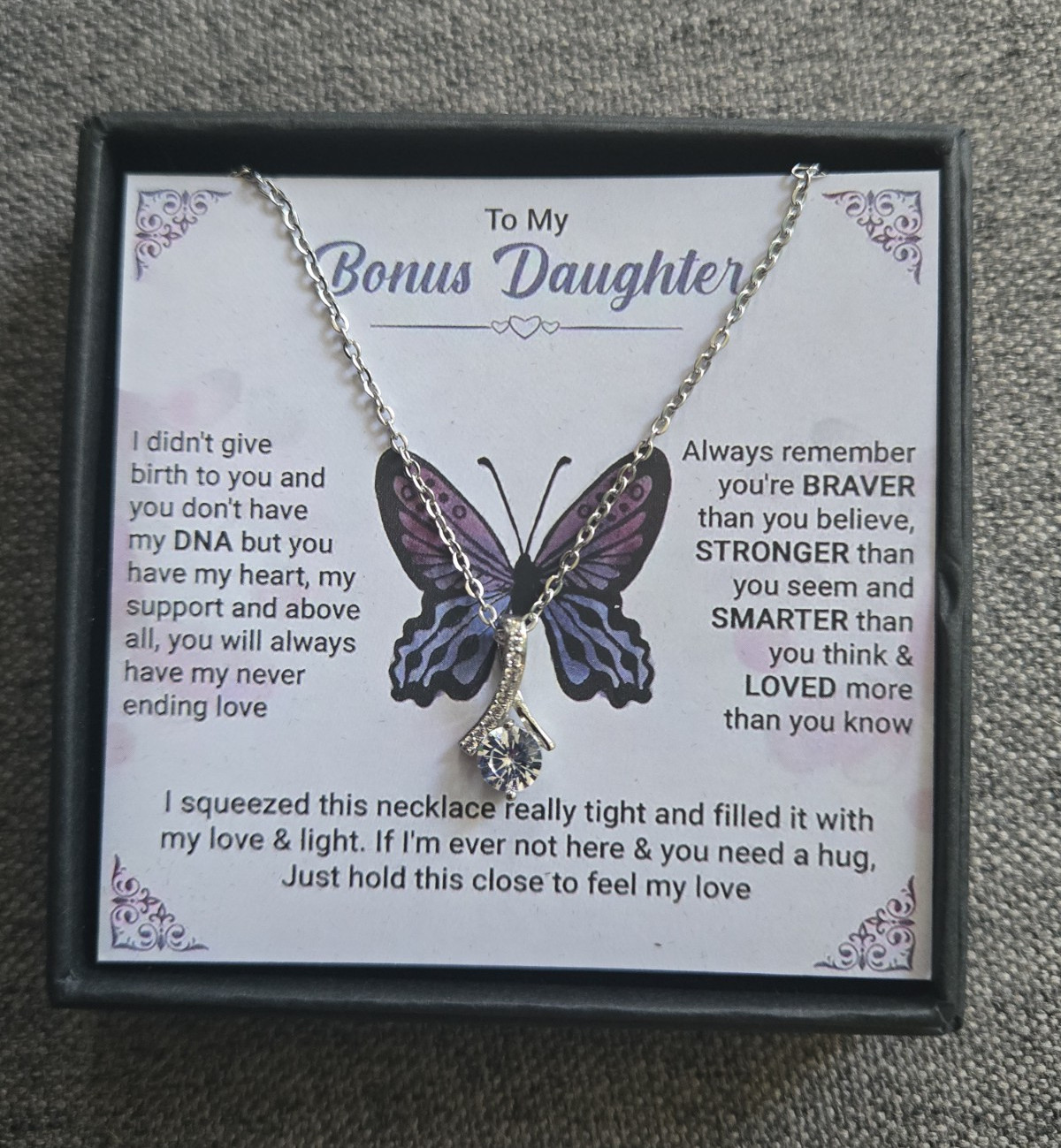 Butterfly CZ Pendant Necklace Silver Plated Cable Chain Lobster “Bonus Daughter”