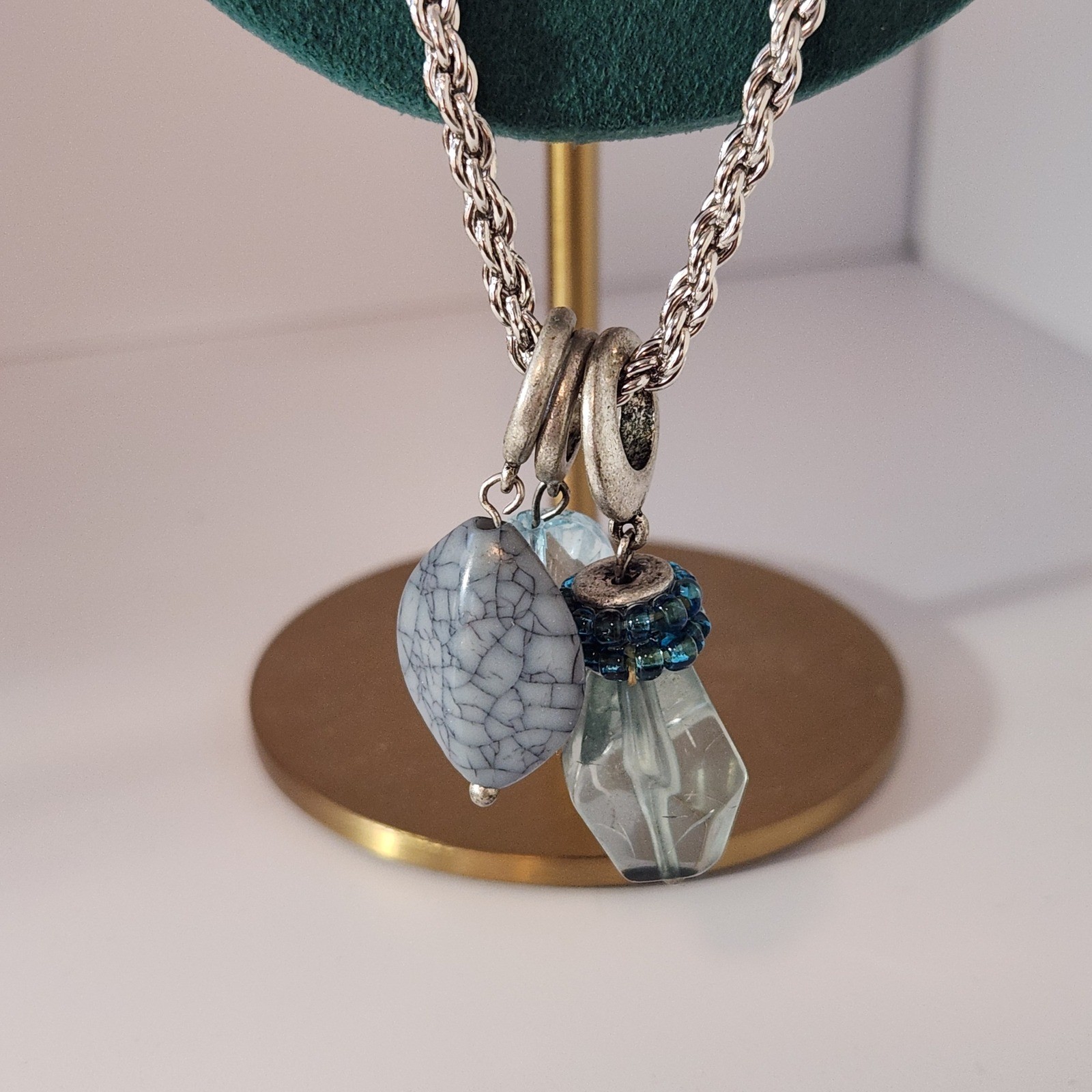 Unbrand Silver Tone Rope Chain Multi Charm Necklace Blue Stone Glass Beads