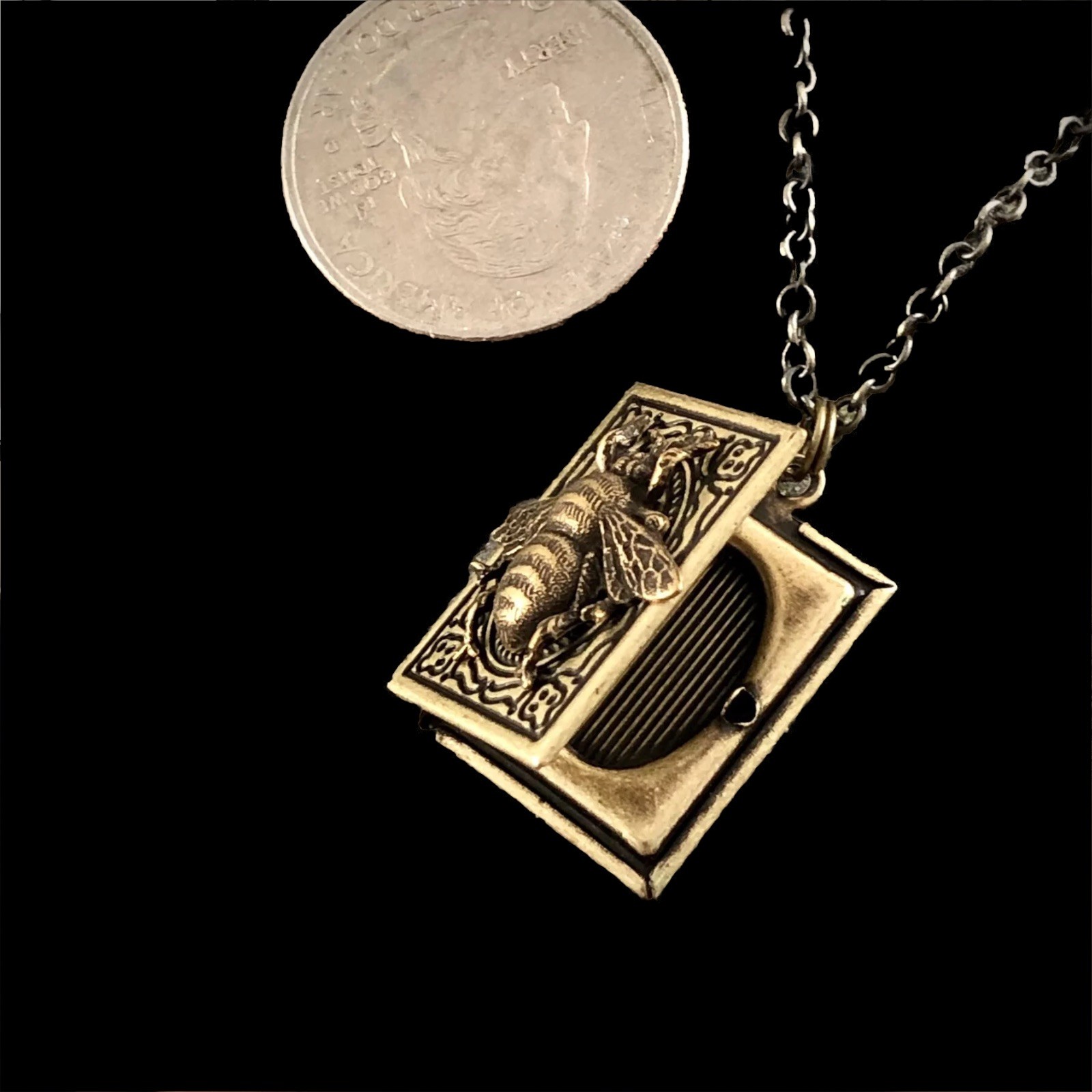 Bumblebee Honey Bee Photo Diary Book Locket Necklace, Antiqued Brass Vtg Pendant
