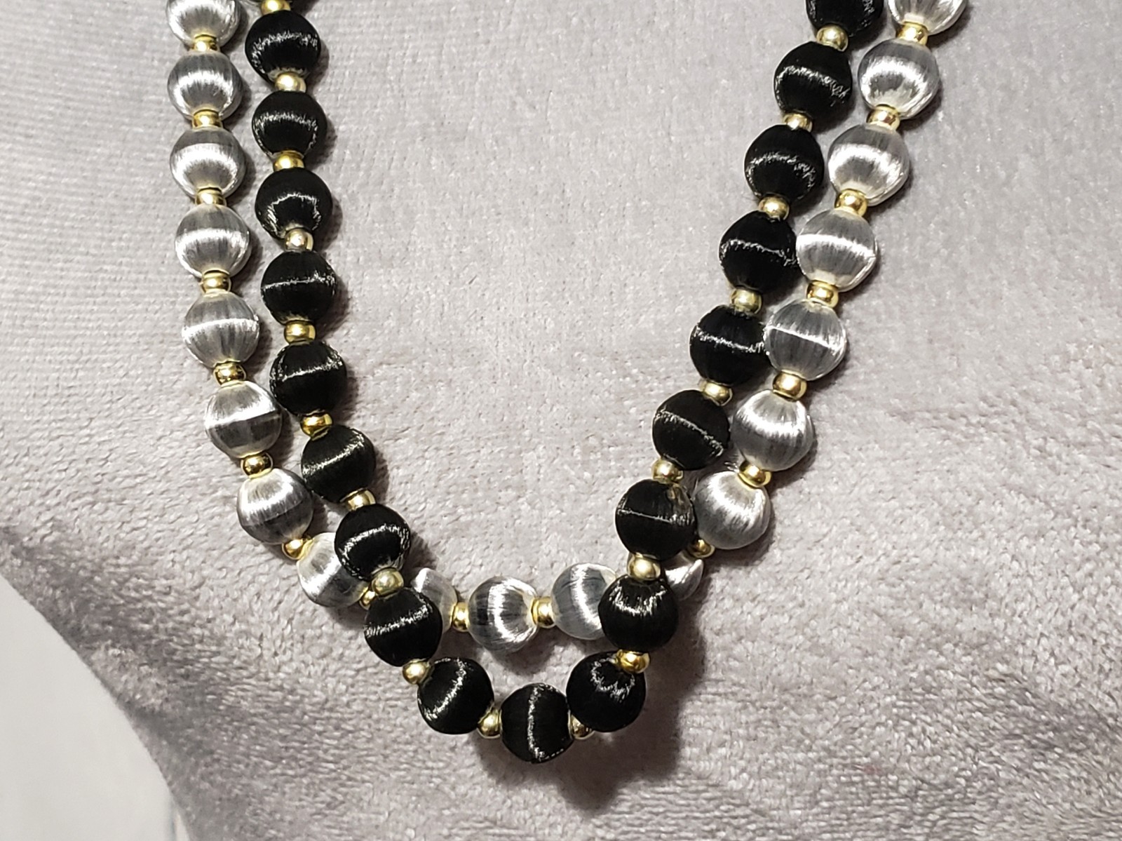 Vtg Bead Necklaces Set of 2 Black Gray Silk Satin Wrapped Boho Whimsigoth Retro