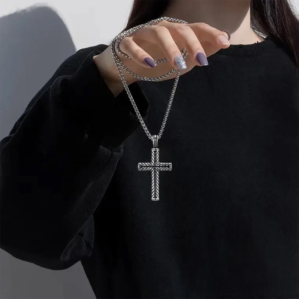 Boys Mens Stainless Steel Vintage Cross Pendant Necklace Men Women Silver