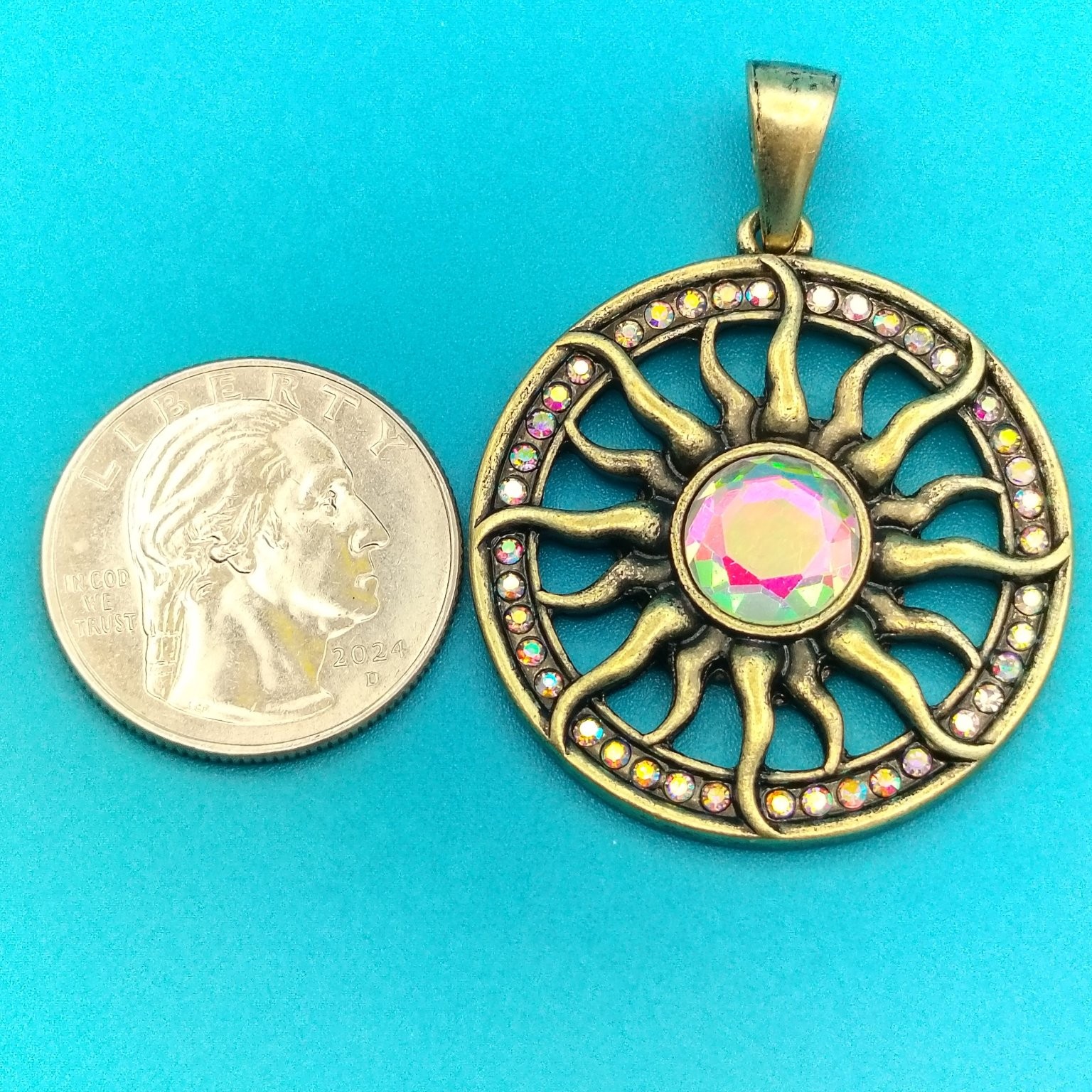 Sunburst Pendant AB Rhinestone Antique Gold Tone Celestial Boho Jewelry