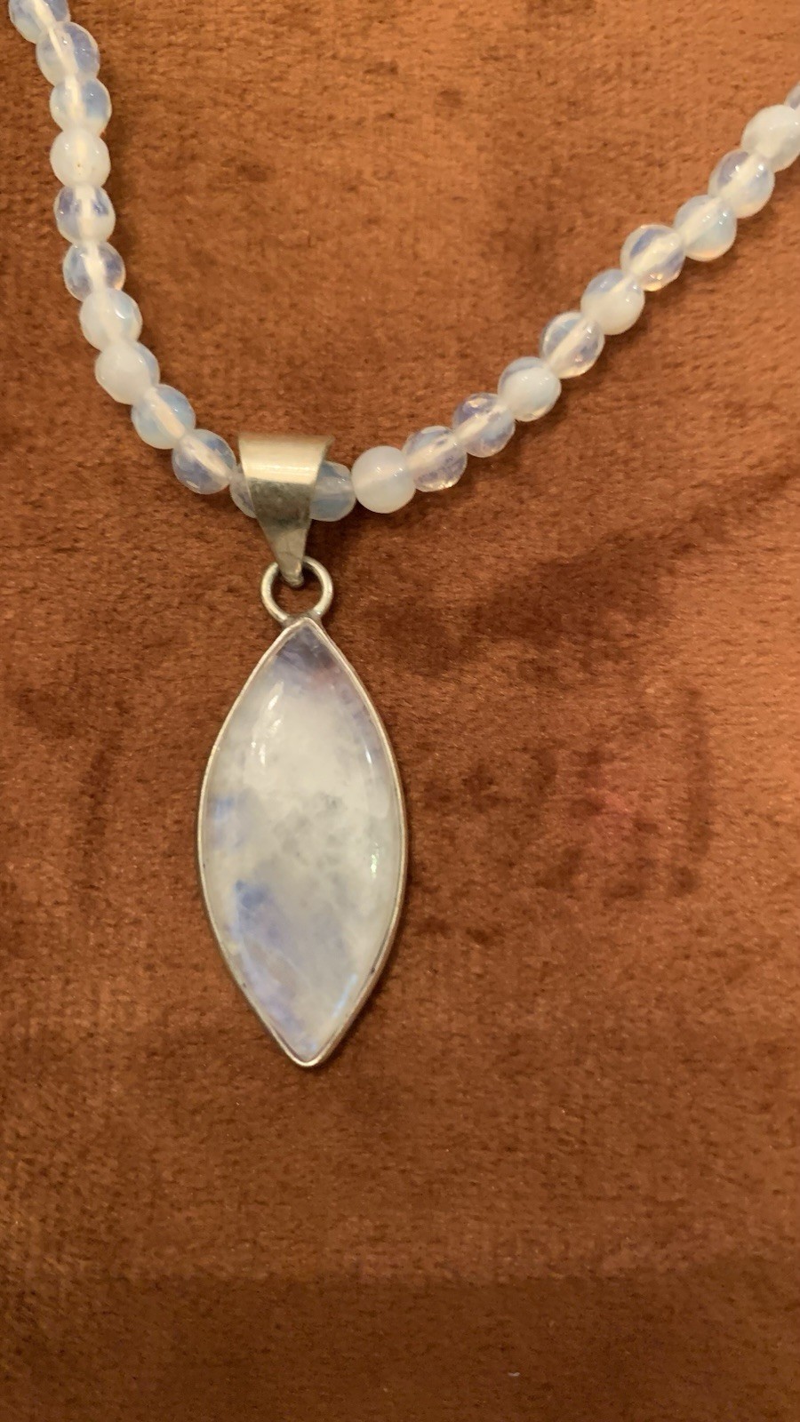 Opalite White Clear Beaded Necklace With Moonstone Pendent 925 Excellent