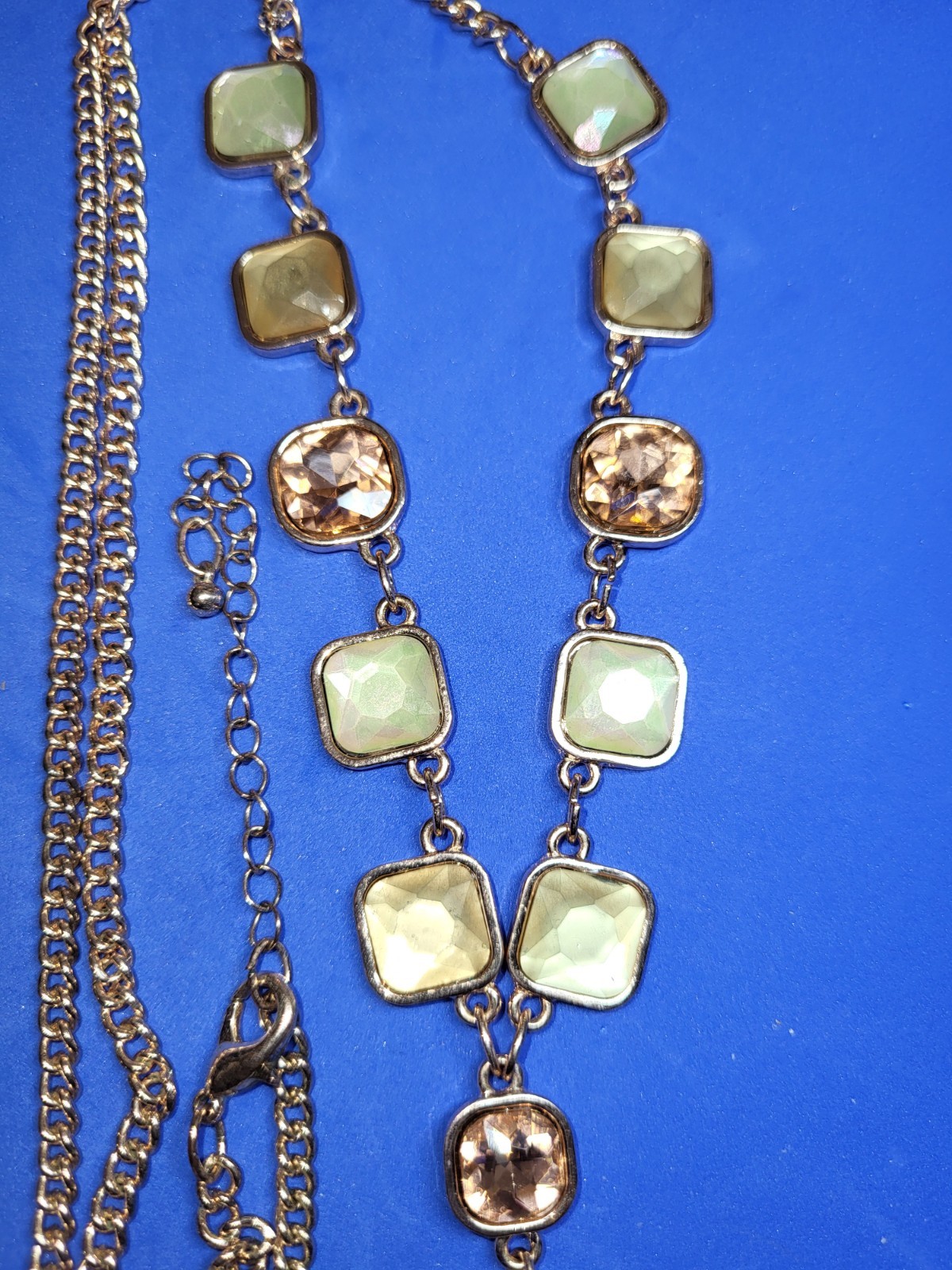 Rose Gold Pink & Yellow Rhinestones Necklace 32″ Plus 3″ Drop And 3″ Extend NWOT