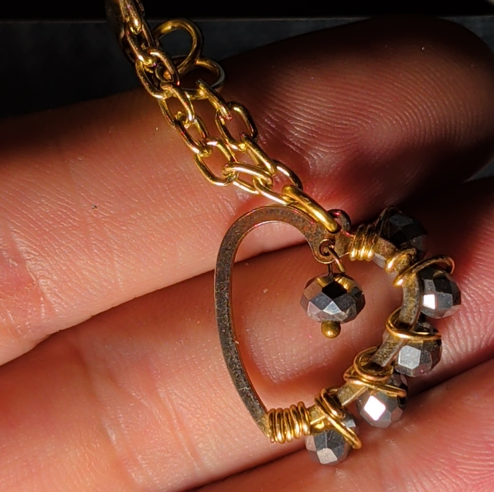 Wire Wrapped Heart Bracelet Gold Tone Hematite Bead Boho