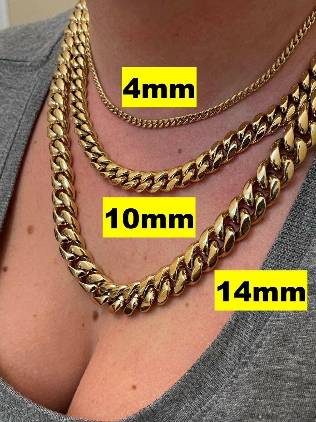 Cadena CUBANA o Pulsera De ACERO INOXIDABLE Bañado En Oro 14K en tamaños 4-14mm