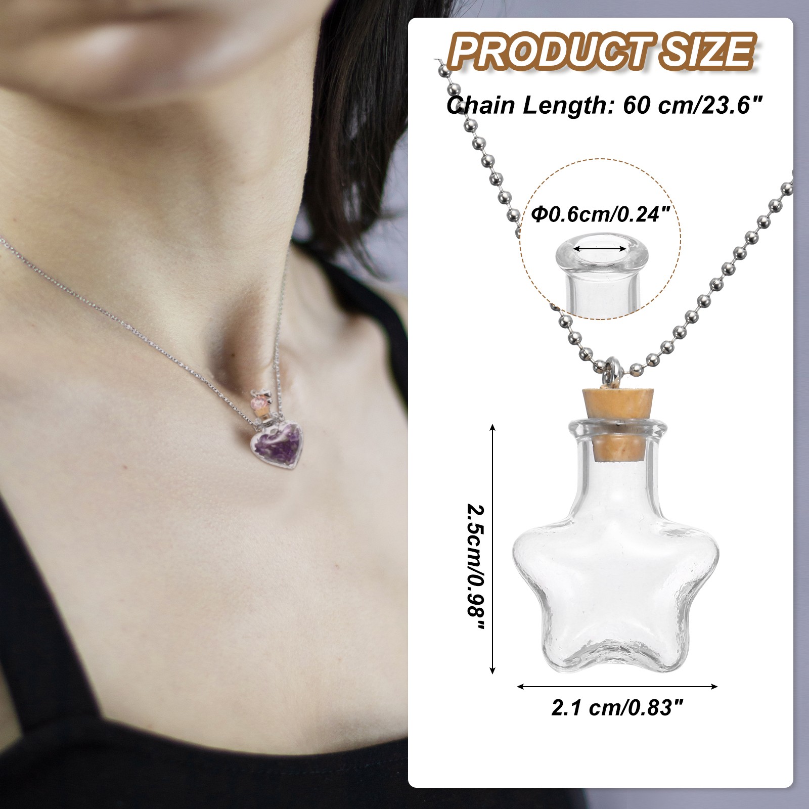 25mm Vial Necklace with Cork Stoppers Black Velvet Bag Star Shaped Clear