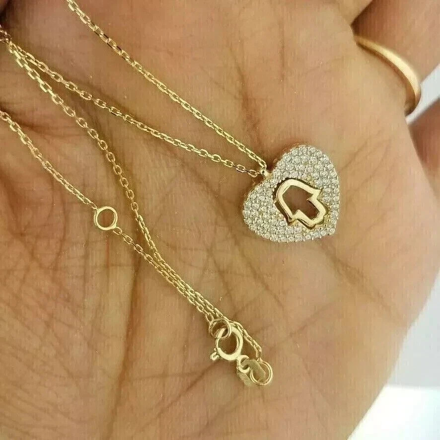 Elegant Heart Pendant Necklace Round Simulated Diamond 14K Yellow Gold Plated