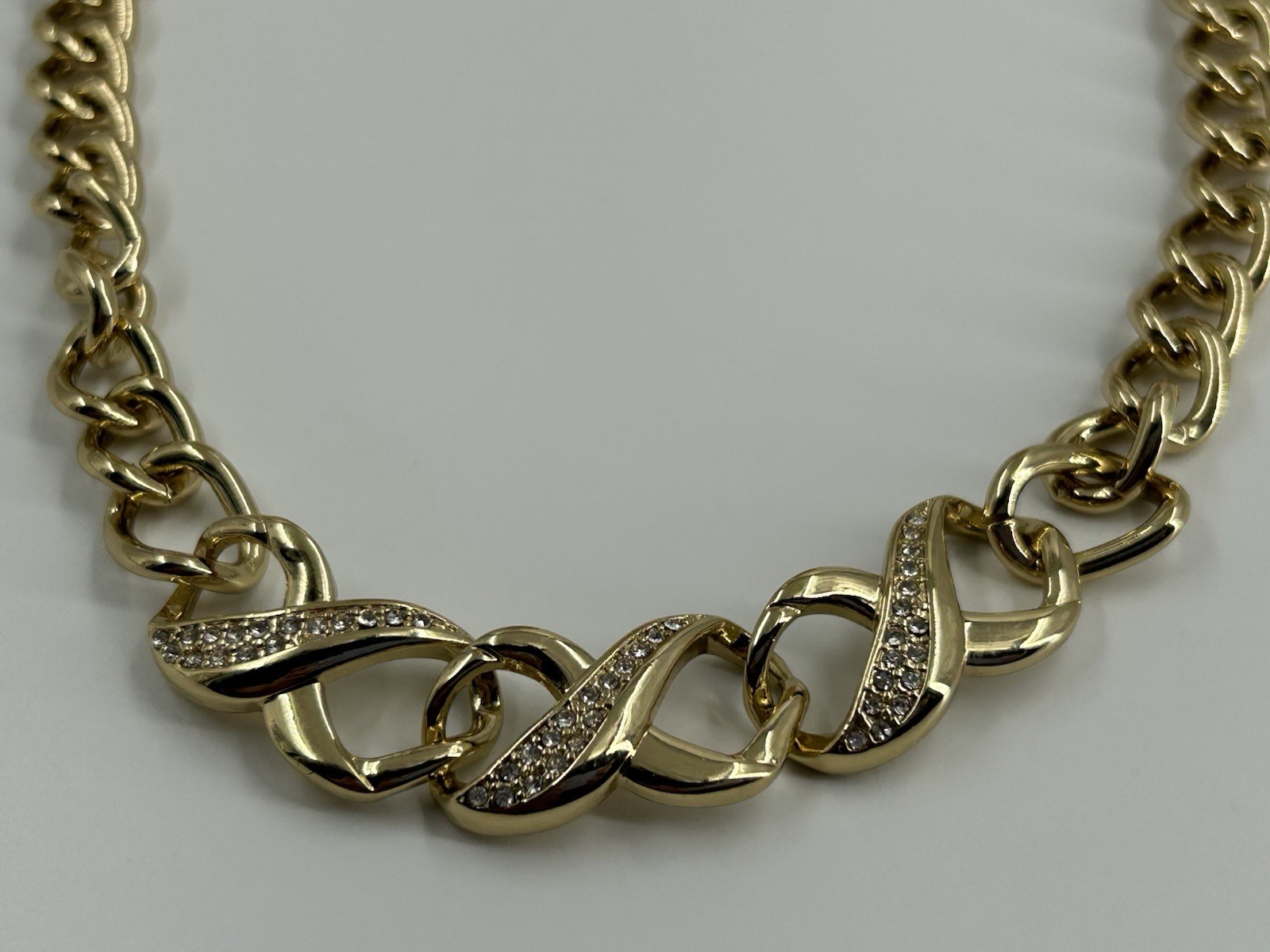 SAQ Gold Tone Chain Link Choker Necklace Womens Eternity Rhinestones 17-20″
