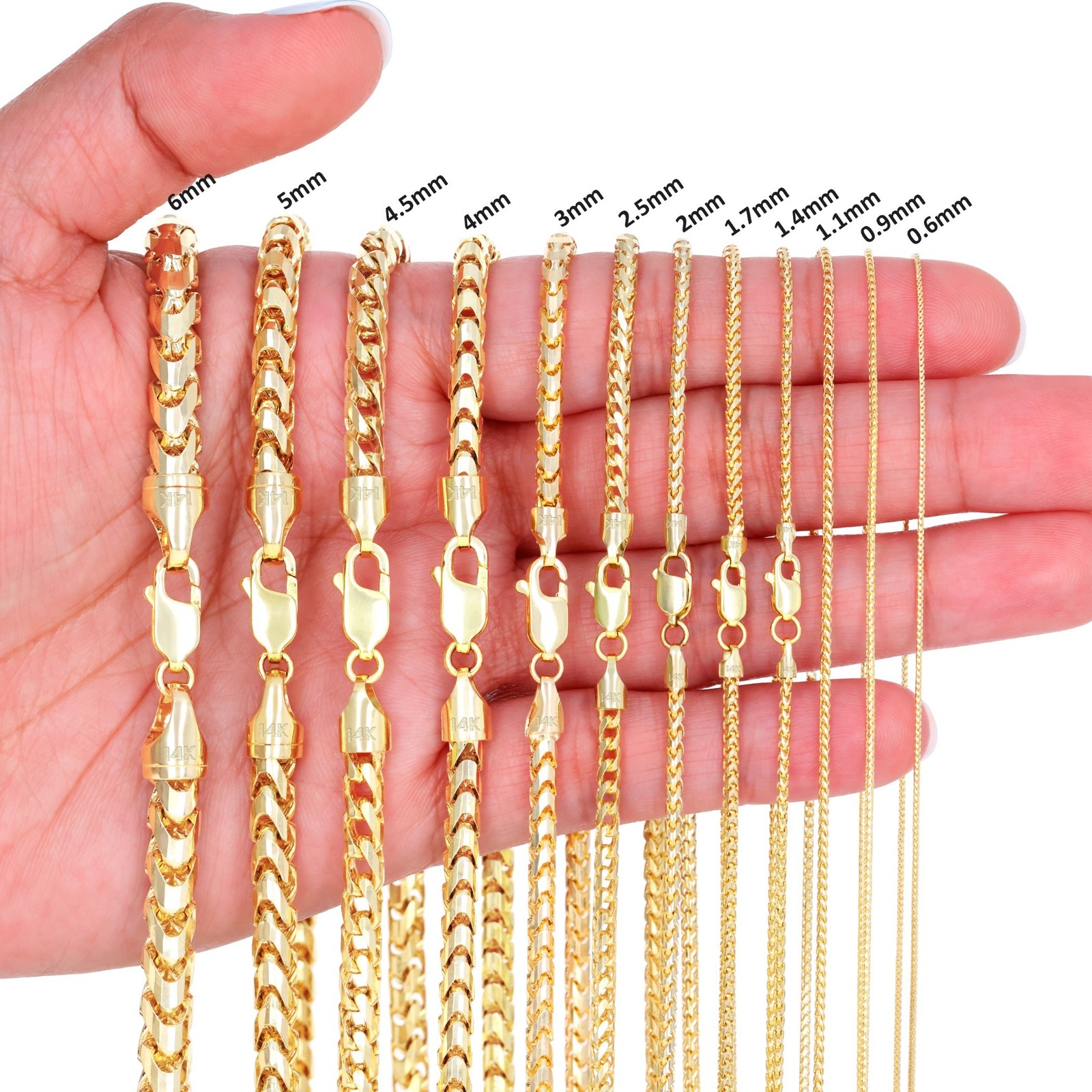 14K Yellow Gold Solid Franco 1mm-6mm Diamond Cut Chain Necklace Bracelet 7″-30″