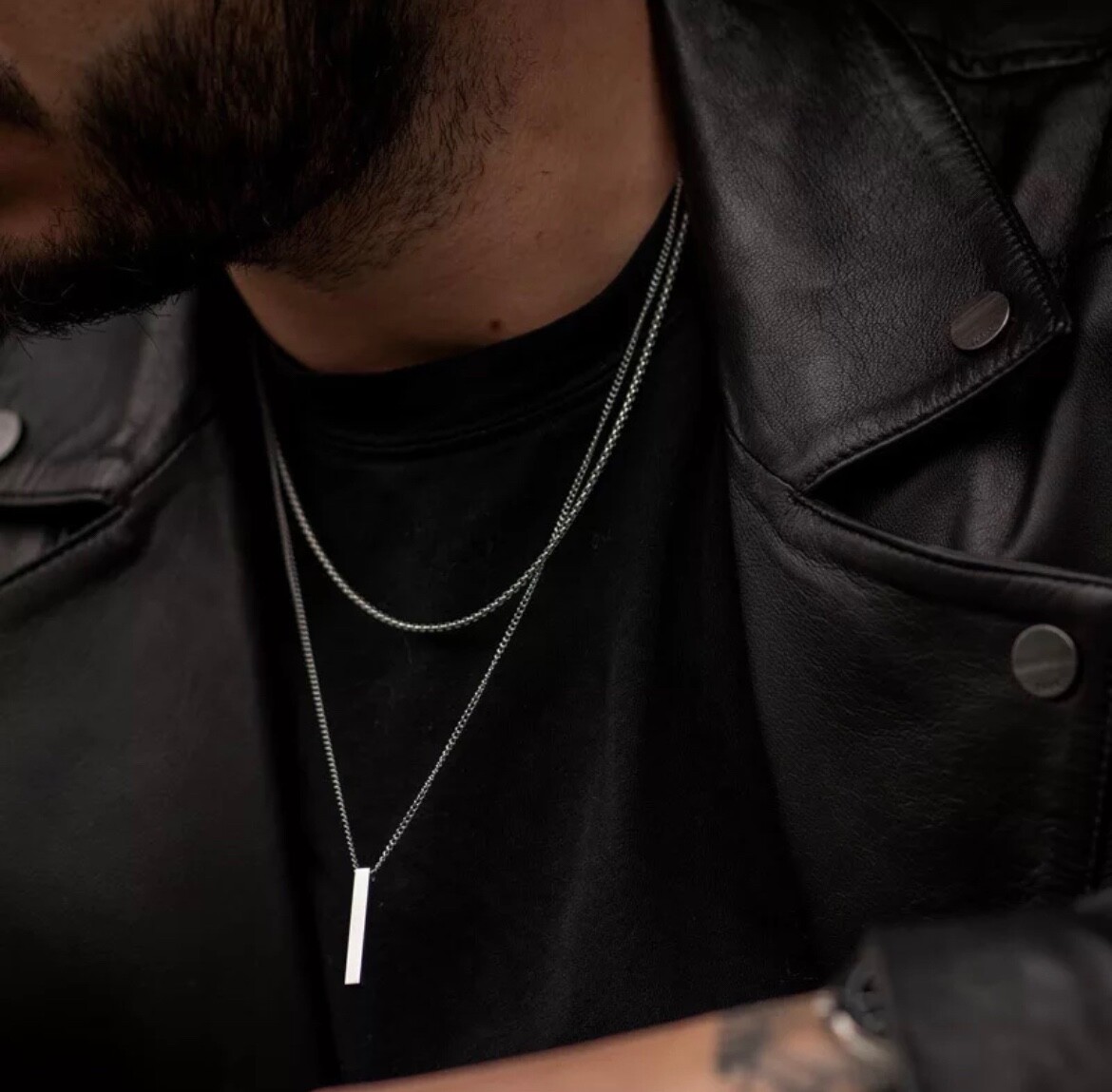 Men’s Fashion Jewelry Silver Layered Geometric Bar Pendant Necklace 1-334