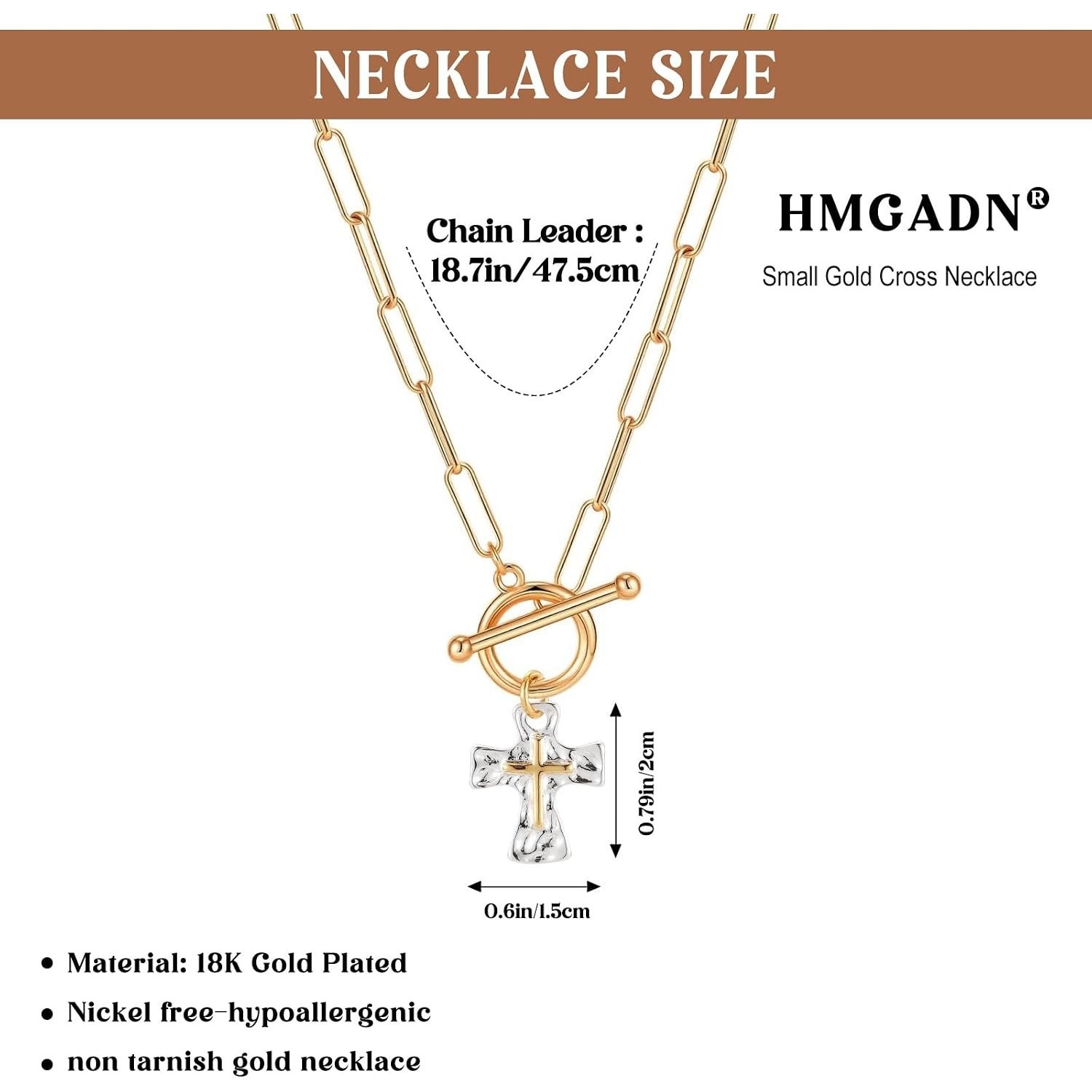 Trendy Silver Plated Cross Necklace for Women Layered Paperclip Chain 46cm