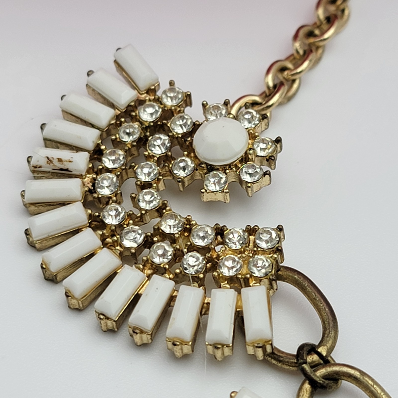 Gold Tone White And Clear Rhinestones Statement Bib Necklace 20″ Adj.