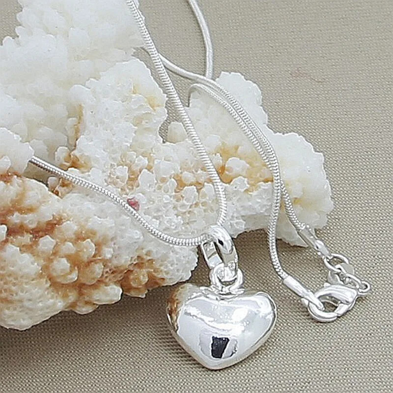 925 Sterling Silver Solid Heart Necklace 18-30 Inch Snake Chain Fashion Jewelry