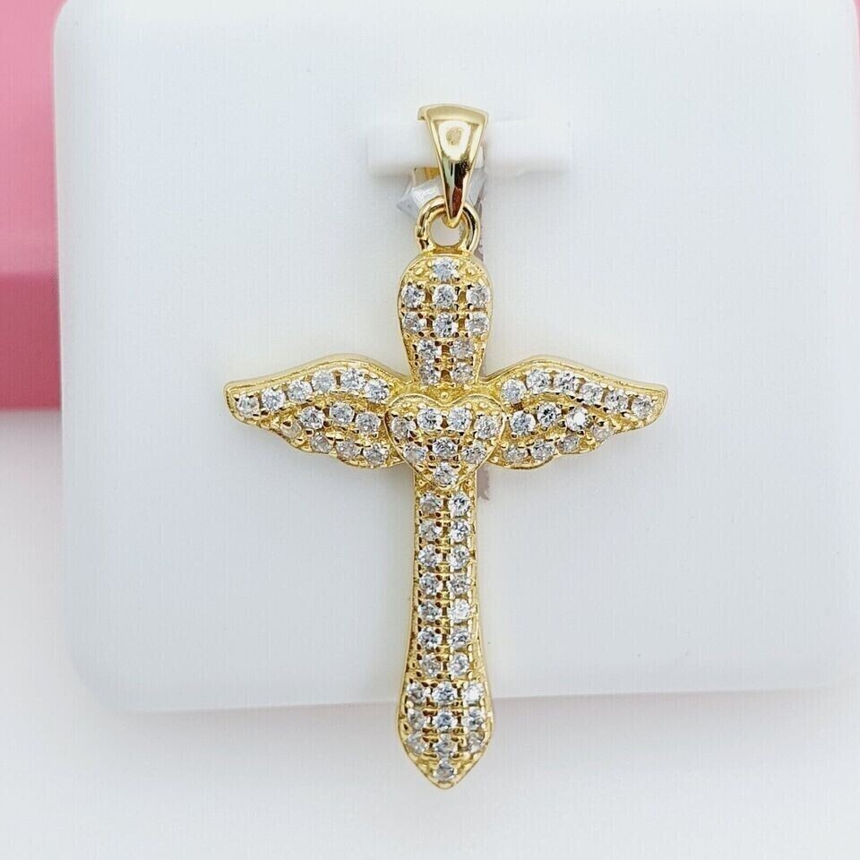 2Ct Round Cut Simulated Diamond Holy Cross Wings Pendant 14k Yellow Gold Plated