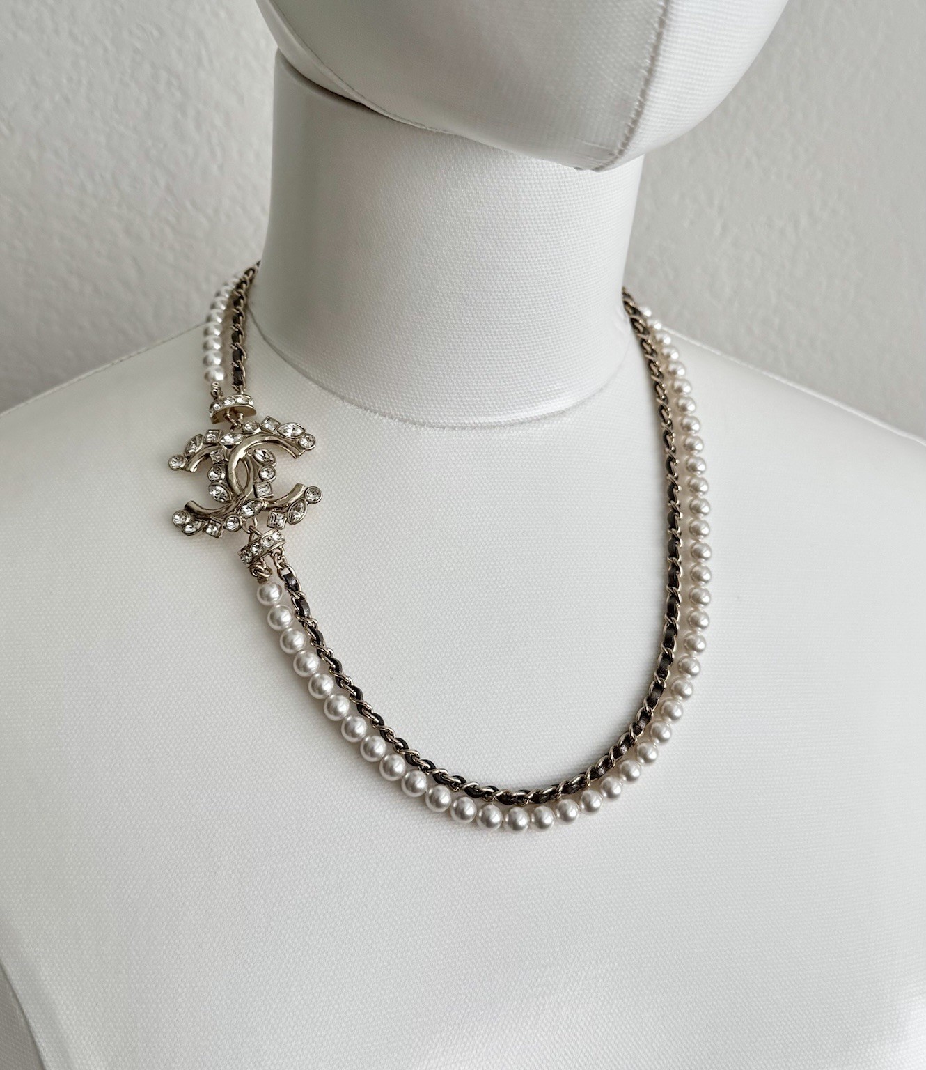 Chanel Pearl Crystal CC Necklace Bronze Leather 23P Adjustable Light Gold Chain