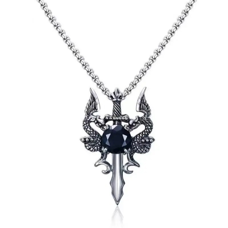 Gothic Dragon Pendant Necklace Men’s Retro Rhinestone Long Chain Jewelry