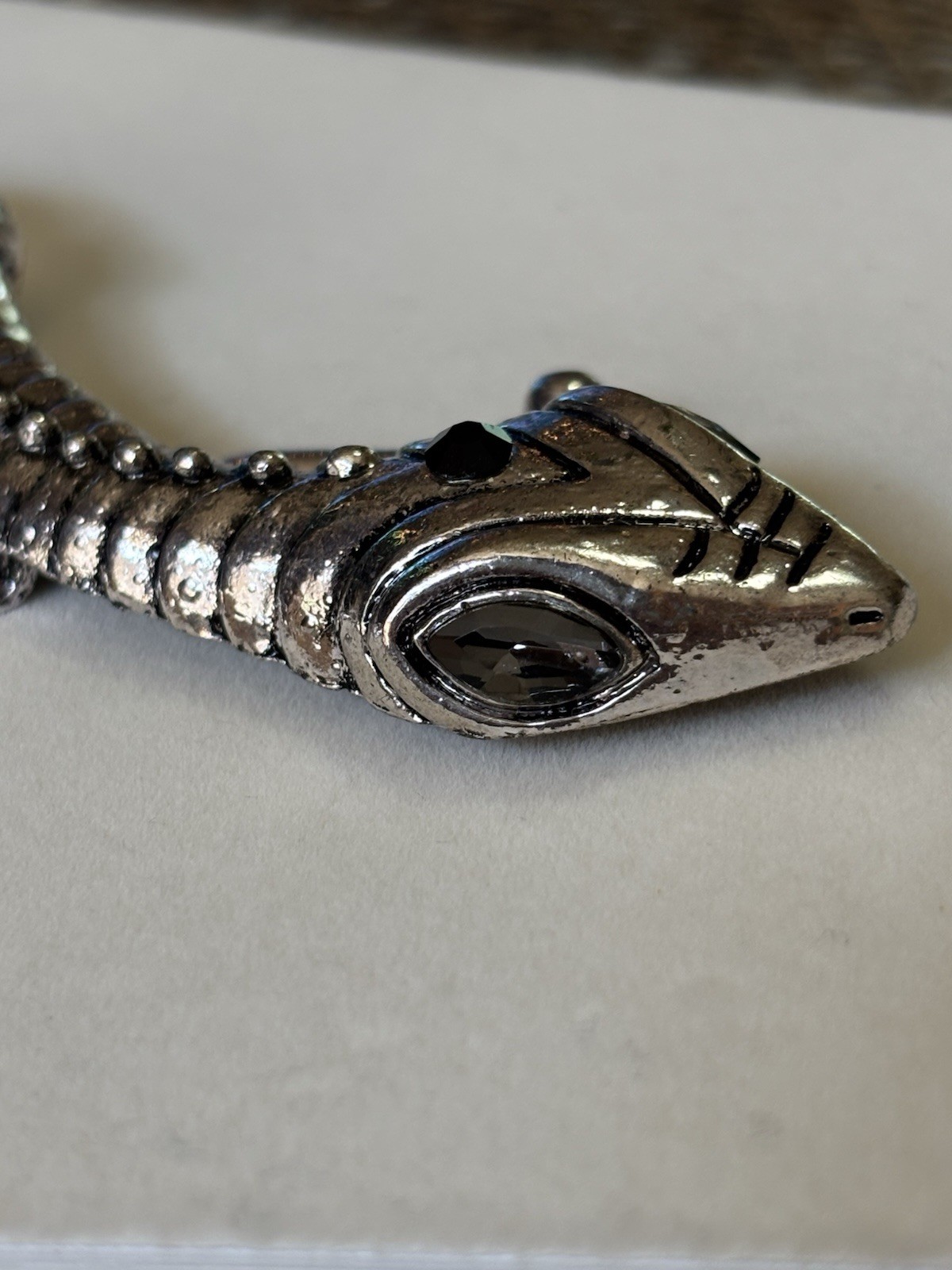 Silver Plated Snake Pendant Necklace Gray Marquise Crystal Eyes Adjustable
