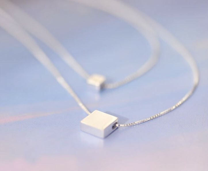 16-20″ Sterling silver double layer Cube choker Box necklace Pendant Gift F20