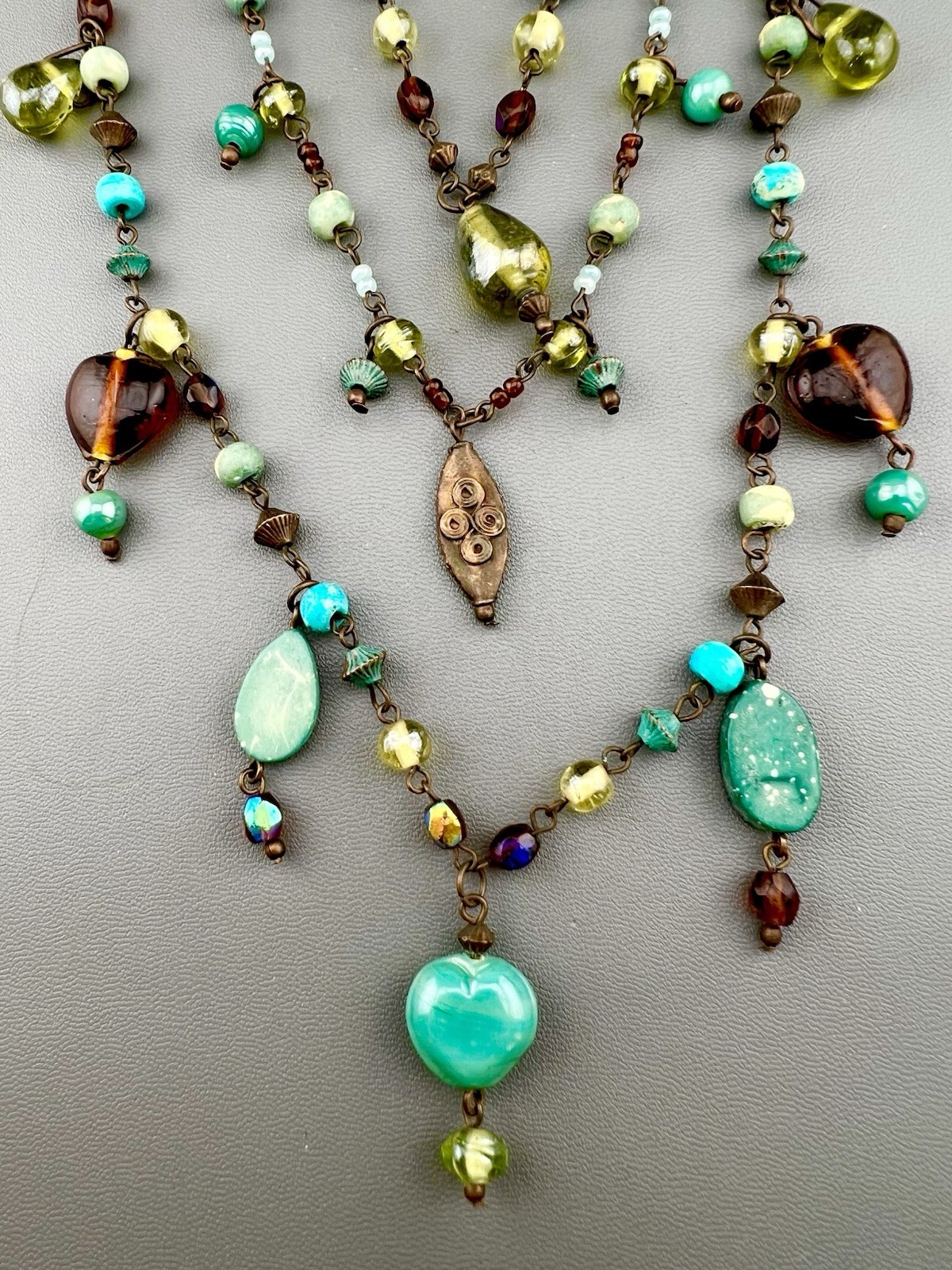 Layered Beaded Necklace Boho Blue Brown Green Glass Multi Strand Bronze Tone 18”