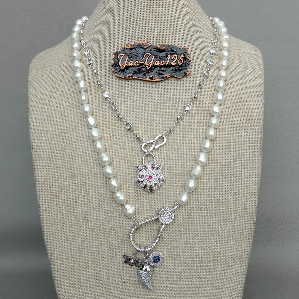 2 rows Cultured White Baroque Pearl Cz pave Drop Charm Necklace 19”