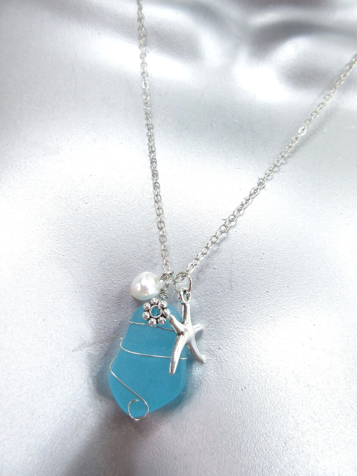 Beach Sea Glass Necklace Blue Silver Starfish Pearl Charms Turquoise Silver New