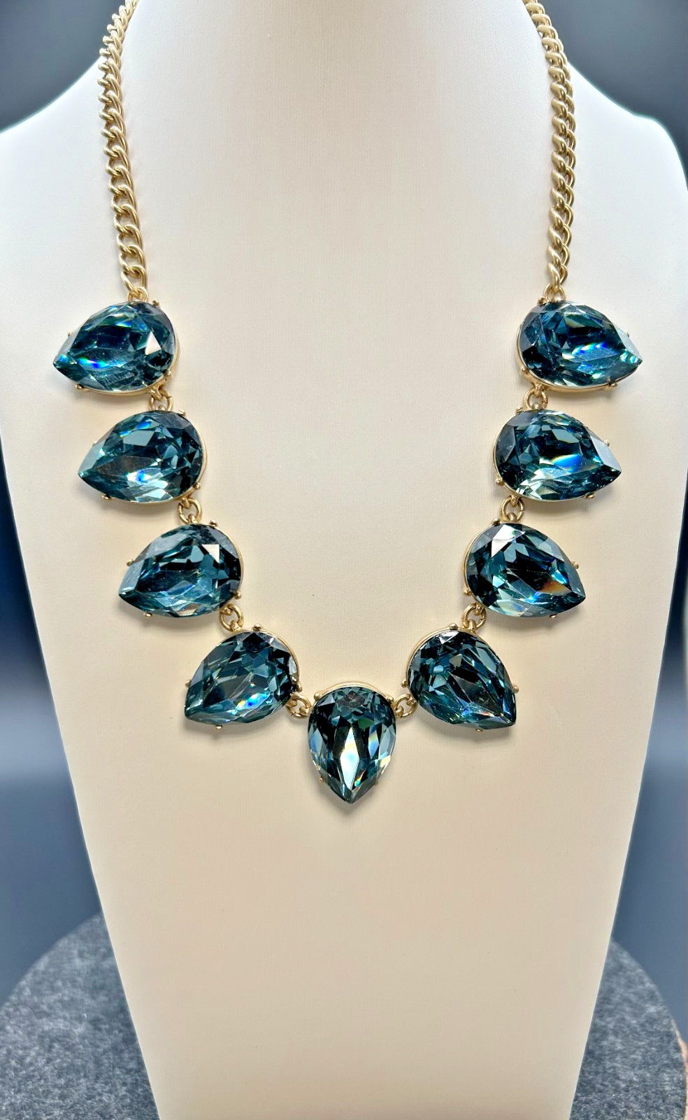 J Crew Crystal Teardrop Statement Necklace Blue Grey Bib Collar Gold Tone NWT