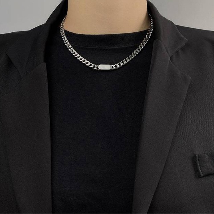 50cm Blank Bar Curb Chain Necklace Stainless Steel Silver Unisex Basic Pendant