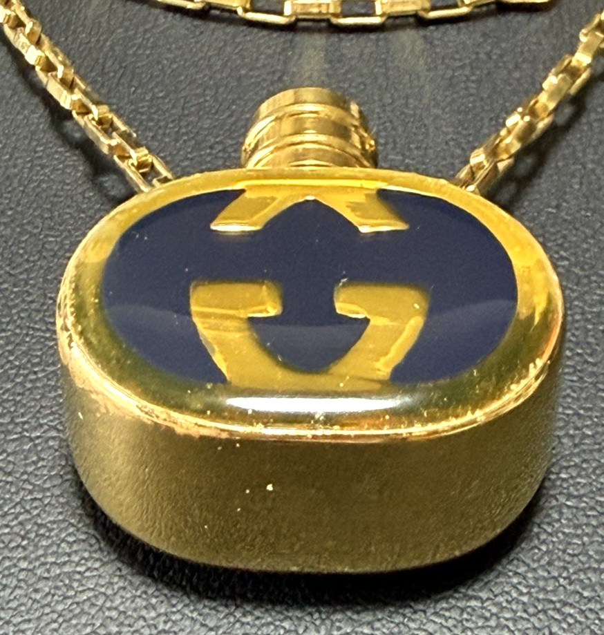 Vintage Gucci Navy Enamel GG Perfume Bottle Motif Necklace Pendant Gold-tone