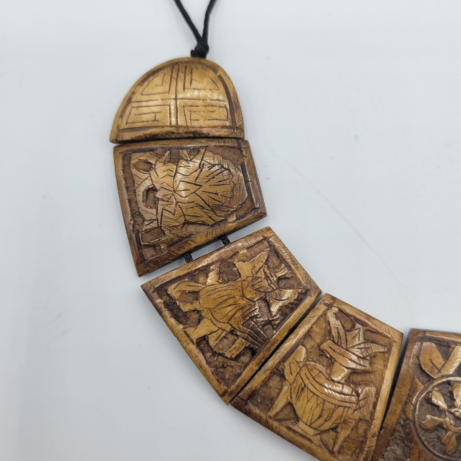 Nepal 8 Auspicious Symbols Hand Carved Necklace Yak Bone 16 in