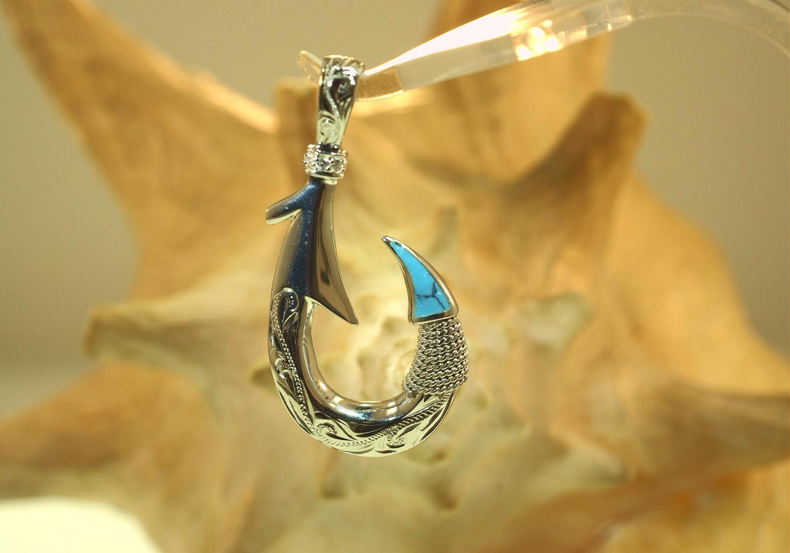 28MM HAWAIIAN 925 SILVER HEAVY DUAL SCROLLS FISH HOOK INLAY TURQUOISE CZ PENDANT