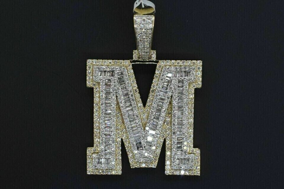 2Ct Round Cut Simulated Diamond M Initial Letter Pendant 14K Yellow Gold Plated
