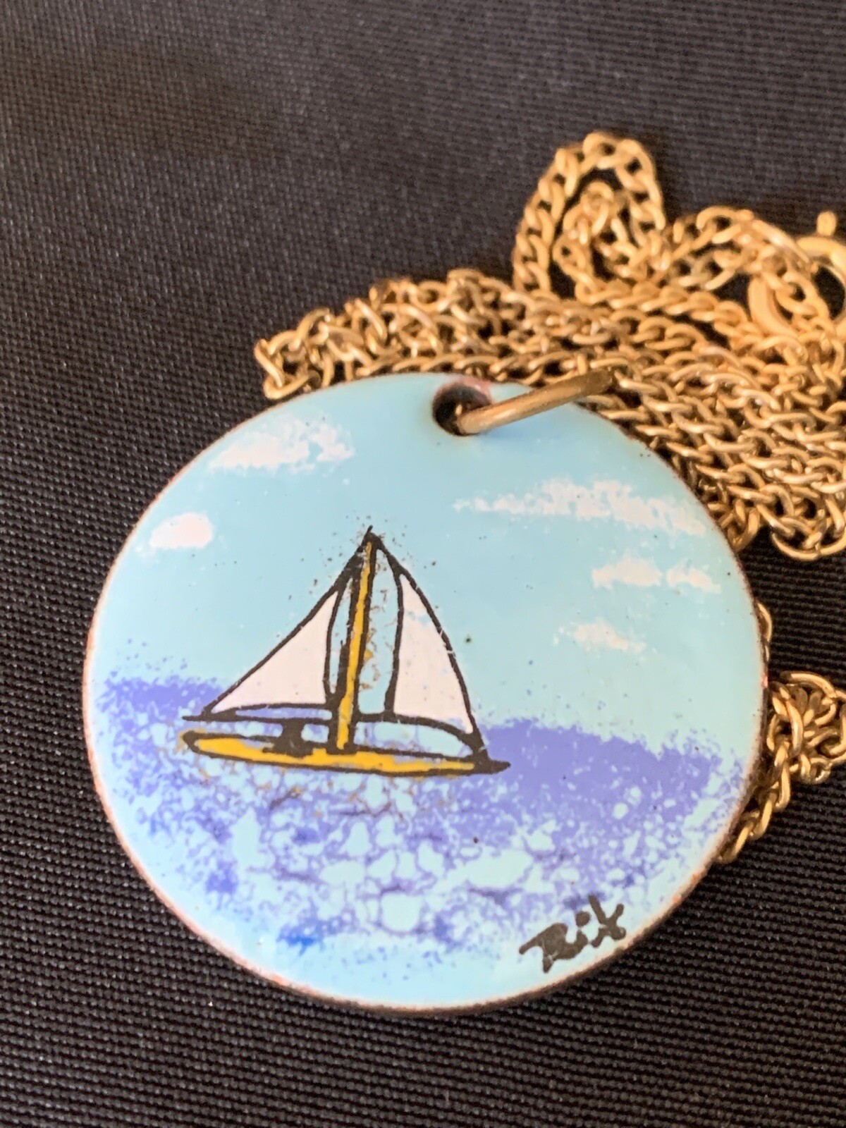 Vintage Great Britain 1964 Penny Pendant With Sailboat Enamel Art Signed 1 1/4″