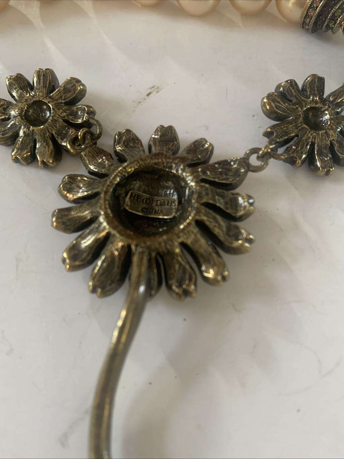 Heidi Daus Necklace Crystal Sunflower Y-Drop Champagne Faux Pearls Excellent