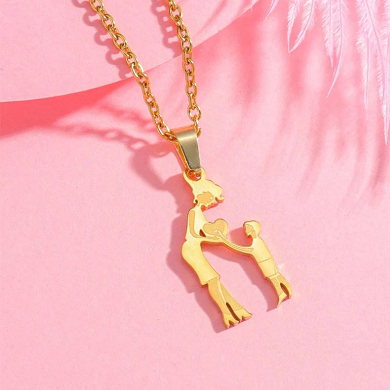 Mother Child Heart Necklace Stainless Steel Family Figure Pendant Jewelry