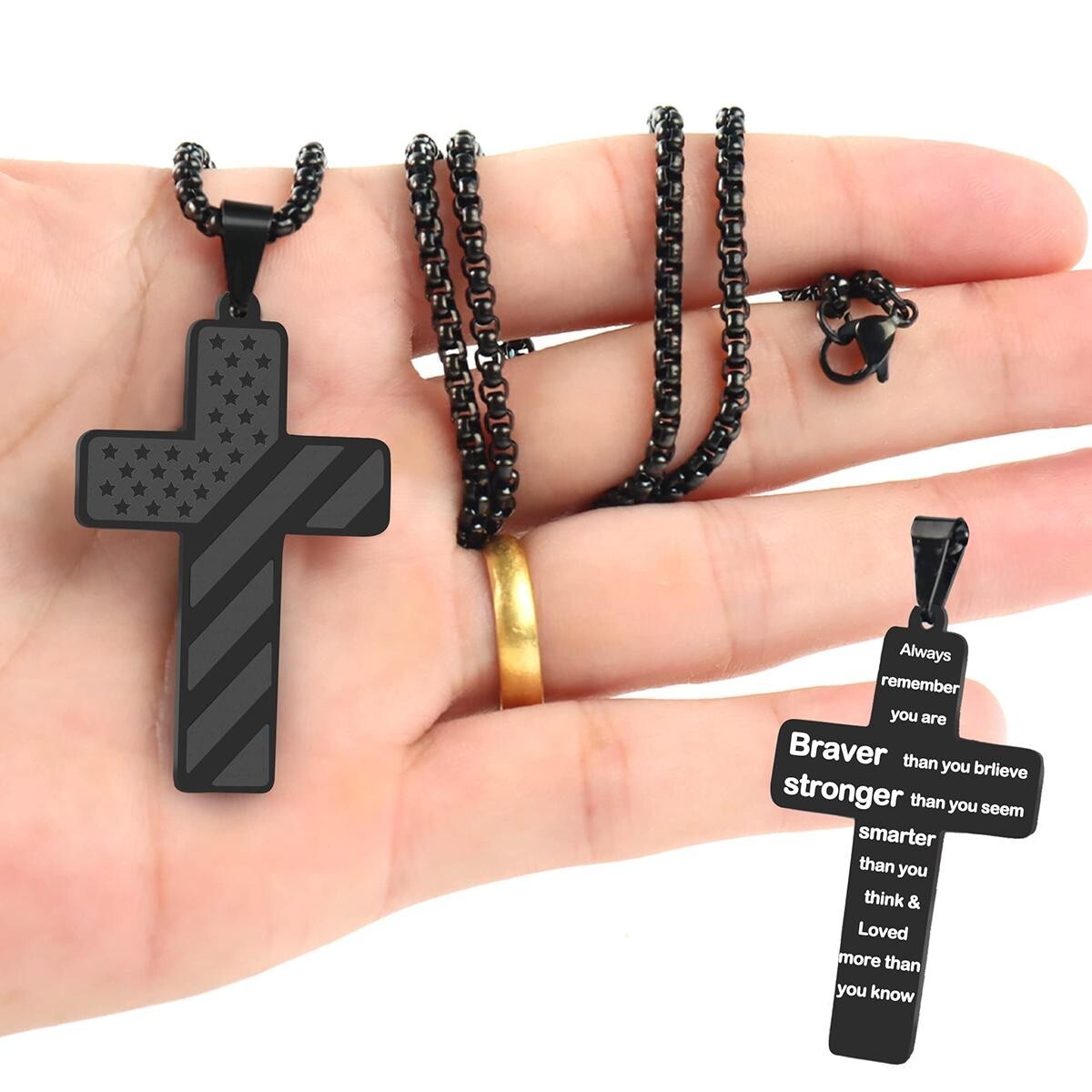 Mens Boys Inspirational Black American Flag Cross Pendant Bible Verse Necklace