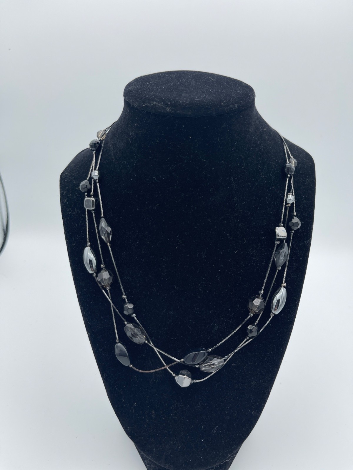 Multi-Strand Silver-Tone & Glass Bead Necklace Black/Grey Faceted Beads